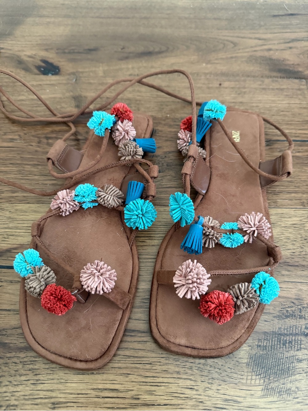 Zara Brown Suede Sandals with Turquoise, Red & Beige Pom-Poms
